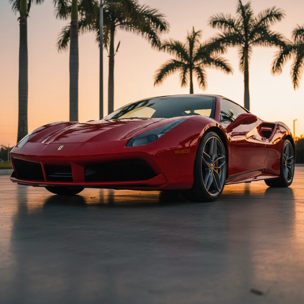 Red Ferrari 488 GTB with ceramic coating at sunset in Florida